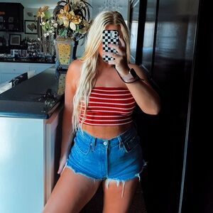 Red and white striped strapless crop top